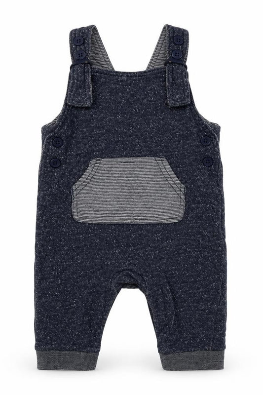 Front view of George boys’ blue cotton dungaree one-piece, size 3-6, months button