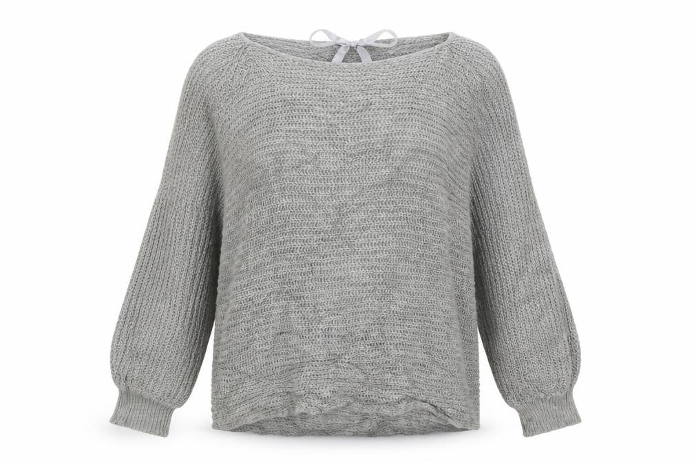 Front view of women’s grey acrylic pullover sweatshirt, size S, pullover