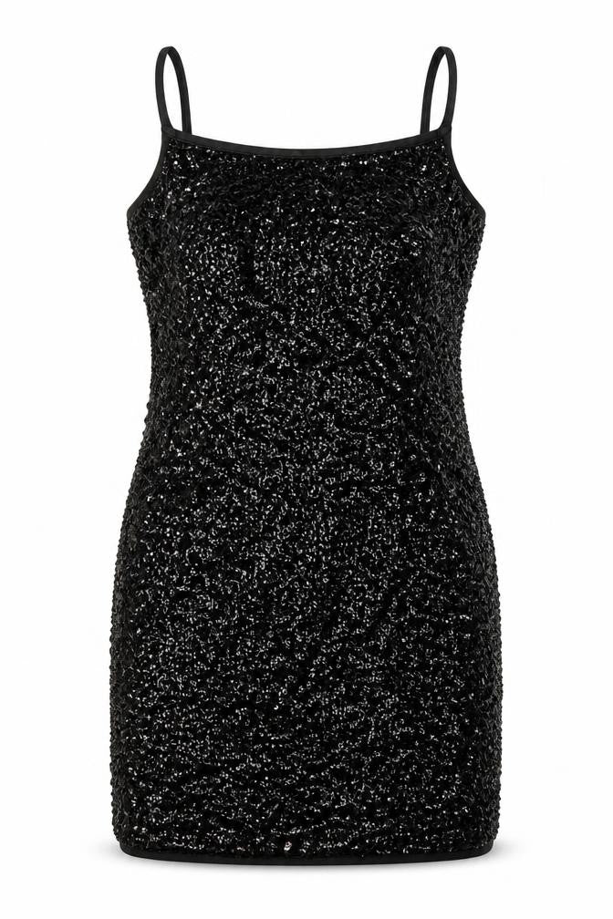 Front view of Sweewë women’s black polyester bodycon, size S, scoop neck pullover - sequin detail