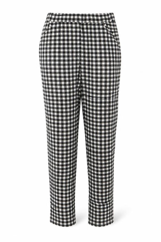 Front view of PRETTYLITTLETHING women’s black check polyester trousers, size UK 12, 26-inch leg regular