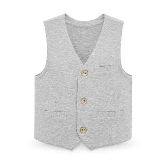Front view of Lullaby boys’ grey jacket waistcoat, size 12-18, months button