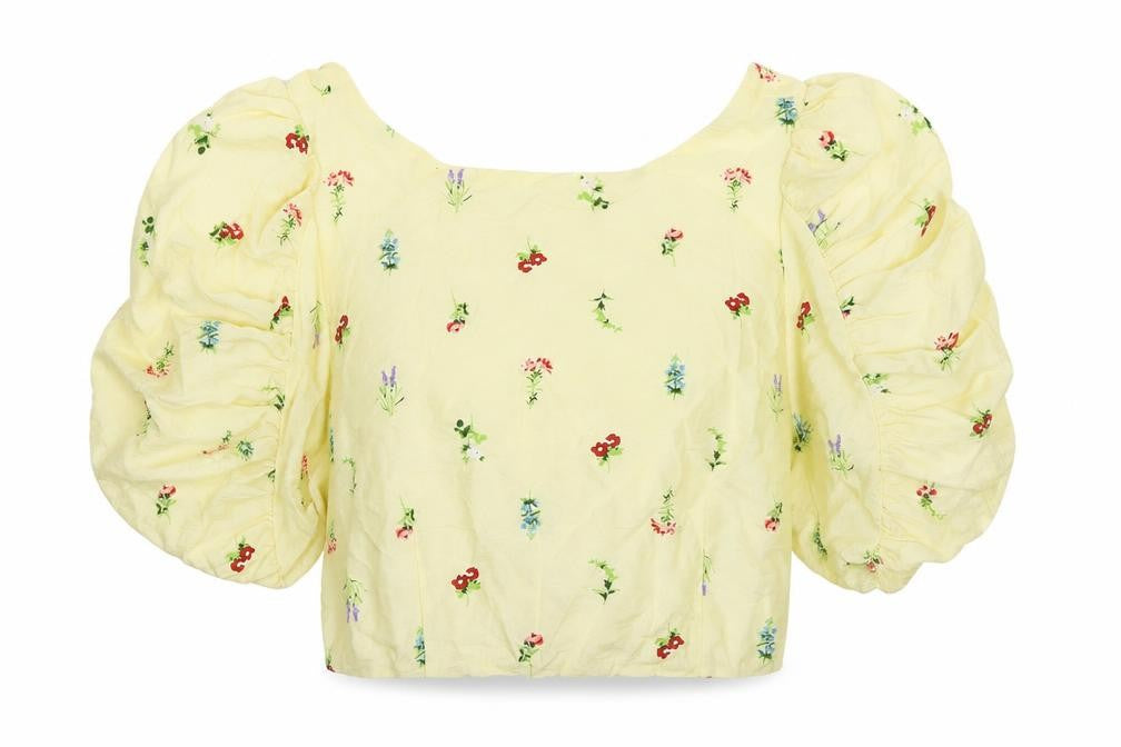 Front view of Glamorous women’s yellow floral polyester basic blouse, size UK 10, boat neck