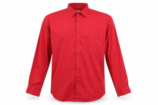 Front view of Banner men’s red polyester button-up, size 38, collared button
