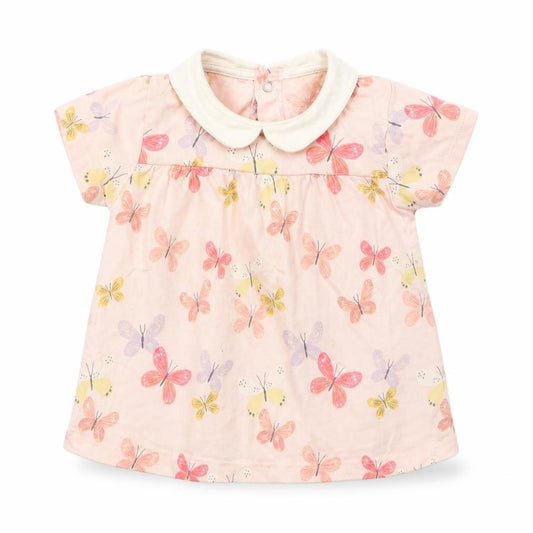Front view of Tu Baby Pink Floral Cotton Basic Blouse, size 9-12, Months Collared Snap - Butterfly Print