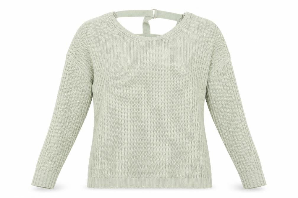 Front view of Peacocks women’s green round neck acrylic jumper, size L