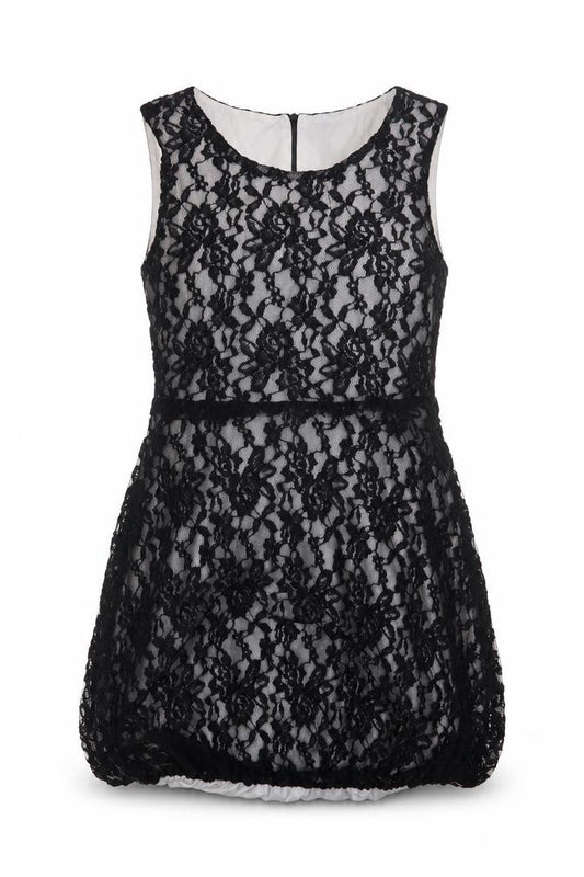 Front view of Jumpo women’s black floral polyester a-line, size UK 12, round neck zip - lace overlay