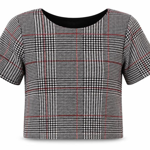 Topshop Womens Black Houndstooth Polyester Cropped T-Shirt Size 8 Round Neck