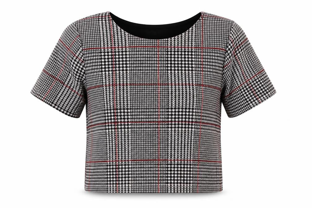 Topshop Womens Black Houndstooth Polyester Cropped T-Shirt Size 8 Round Neck