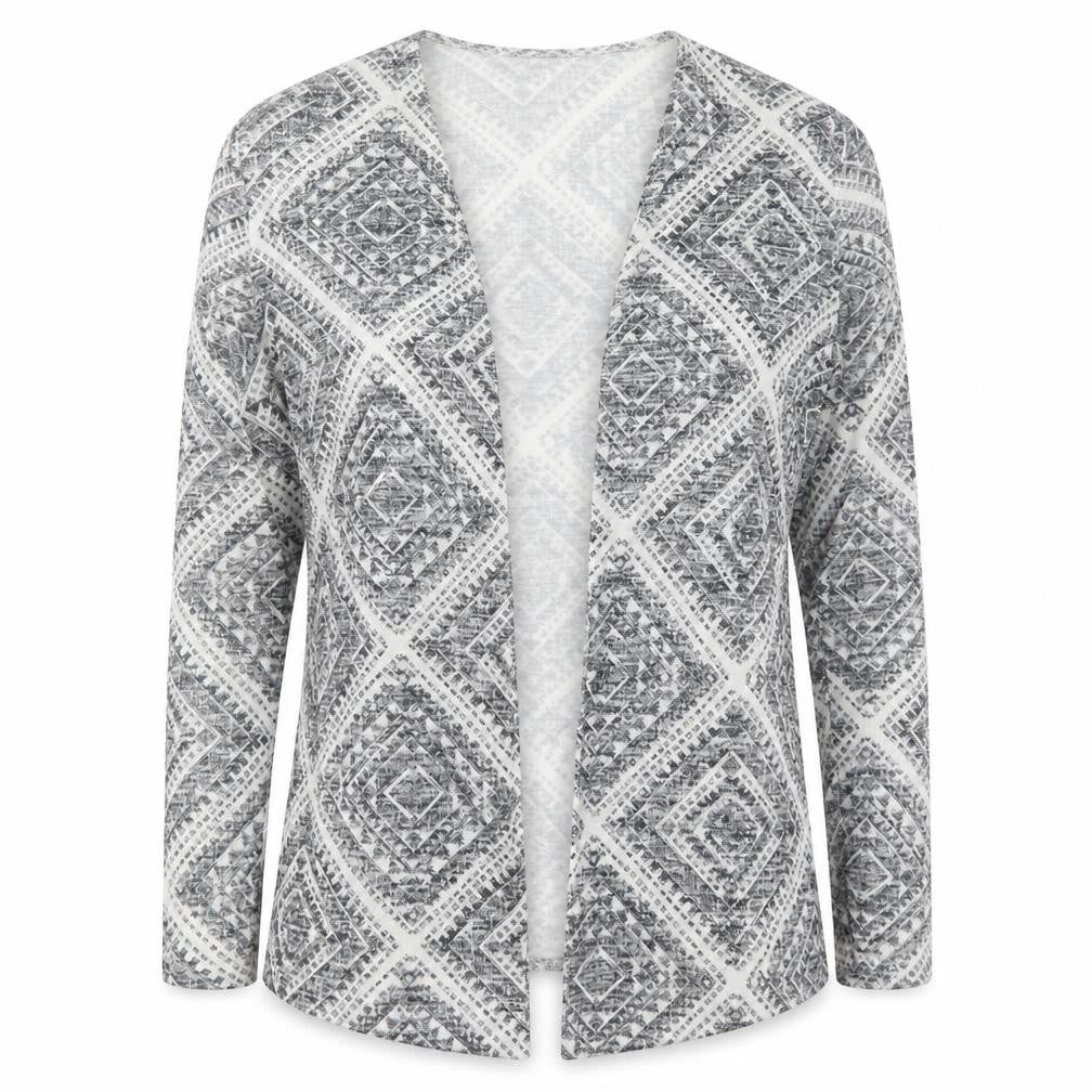 Front view of Atmosphere women’s grey v-neck geometric polyester cardigan jumper, size M