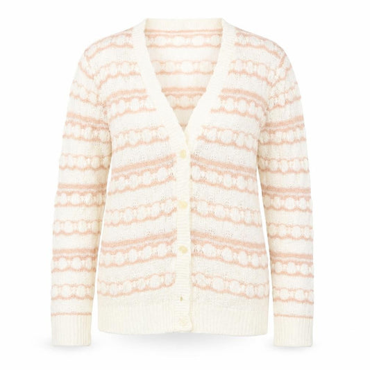 Front view of Keynote women’s beige v-neck striped acrylic cardigan jumper, size UK 12