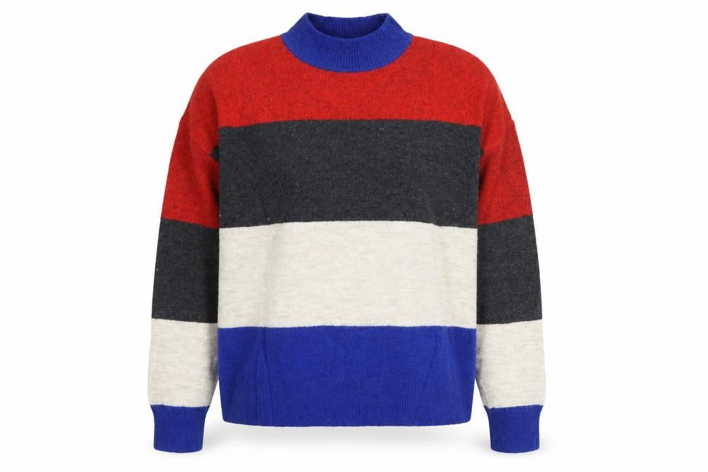 Find Womens Blue Crew Neck Striped Acrylic Pullover Jumper Size XL   - Cropped