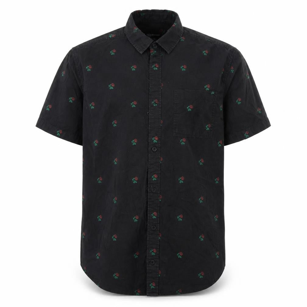 Front view of Moah men’s black floral cotton button-up, size L, collared button