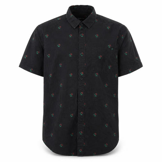 Front view of Moah men’s black floral cotton button-up, size L, collared button