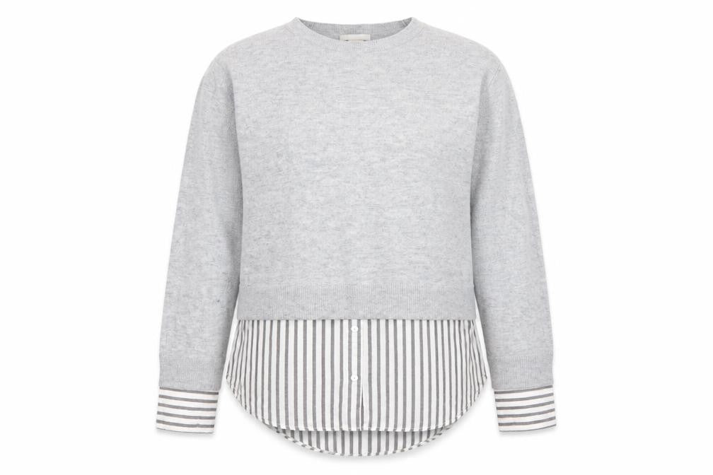 Front view of H&M women’s grey striped cotton basic blouse, size XS, crew neck