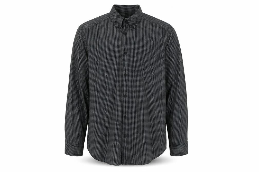 Front view of Old Navy men’s black check cotton button-up, size S, collared button