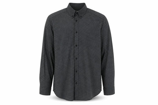 Front view of Old Navy men’s black check cotton button-up, size S, collared button