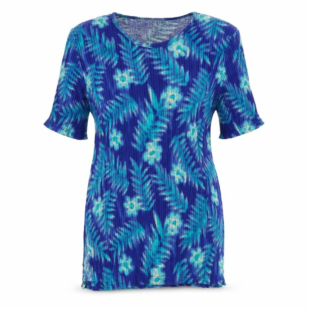 Front view of Berkertex women’s blue viscose basic t-shirt, size UK 12, crew neck - ombre pattern