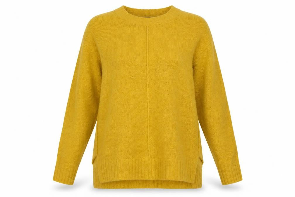 Front view of Marks & Spencer women’s yellow acrylic pullover sweatshirt, size S, pullover