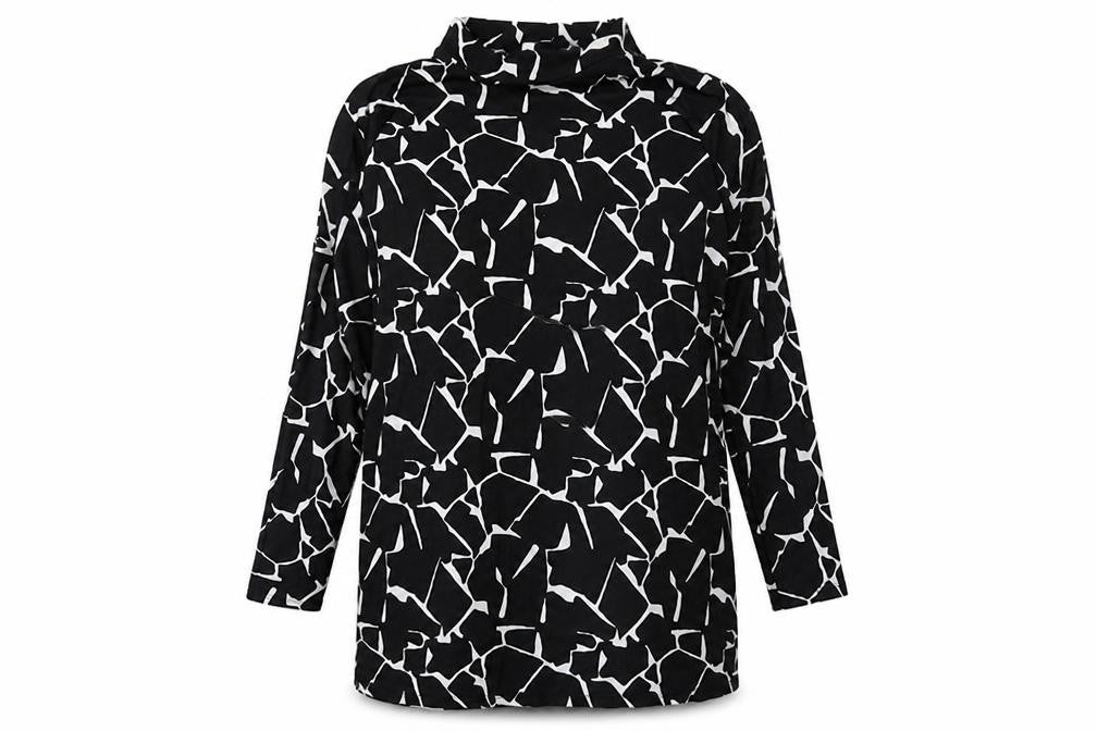 Front view of Capsule women’s black geometric cotton a-line, size UK 14, halter pullover