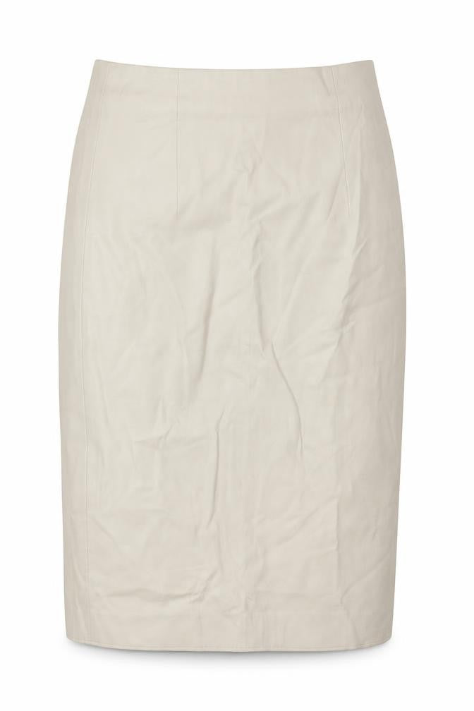 Front view of Zara women’s beige polyurethane a-line skirt, size S, zip