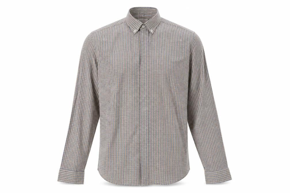 Front view of Next men’s yellow check cotton polo, size S, collared button