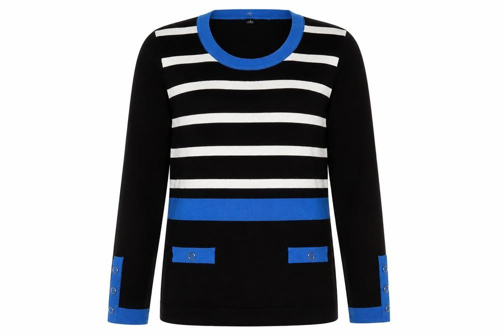 Front view of marble women’s blue striped viscose pullover sweatshirt, size UK 8, pullover