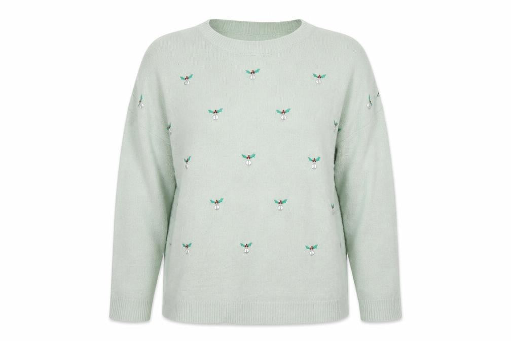 Front view of New Look women’s green geometric acrylic pullover sweatshirt, size UK 12, pullover