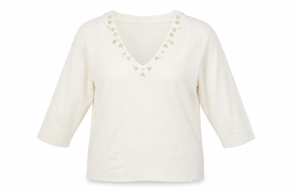 Front view of BHS women’s white fair isle acrylic pullover sweatshirt, size UK 18, pullover