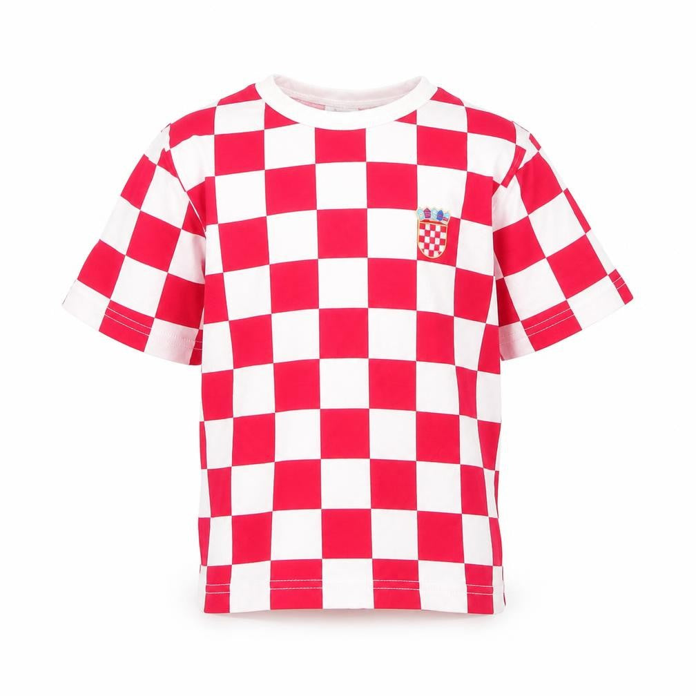 Front view of Nipcom boys’ red check cotton basic t-shirt, size 8, years round neck