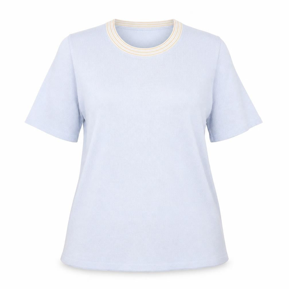 Front view of LUCIA women’s blue acrylic basic blouse, size UK 18, scoop neck