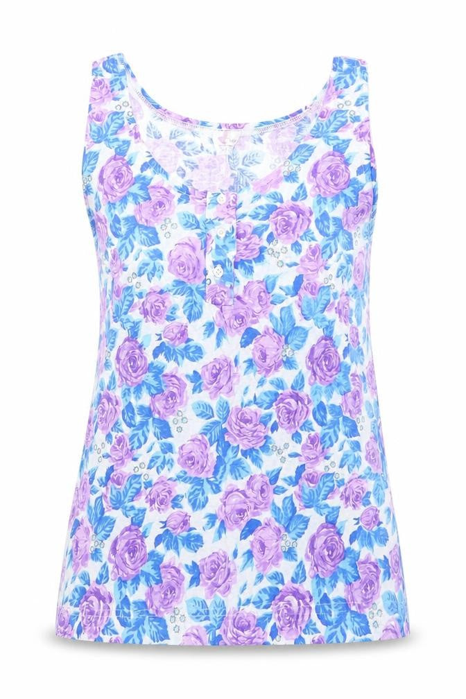 Front view of Memo women’s purple floral cotton basic tank, size M, round neck
