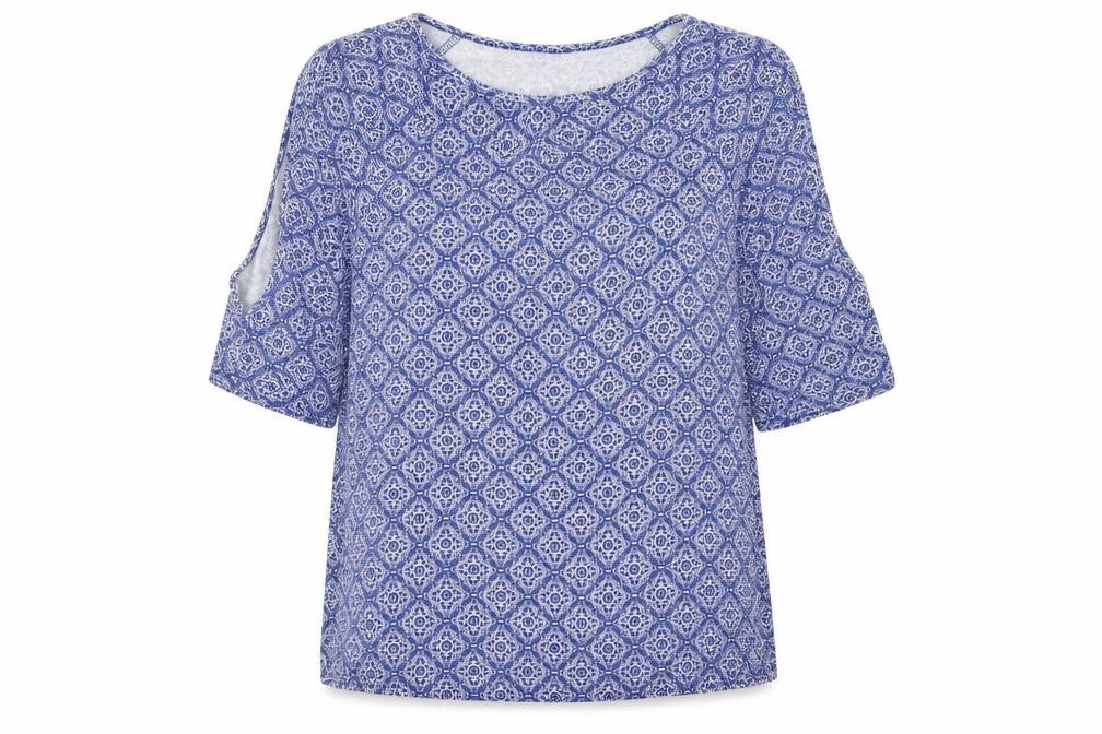 Front view of New Look women’s blue floral viscose basic blouse, size UK 8, round neck