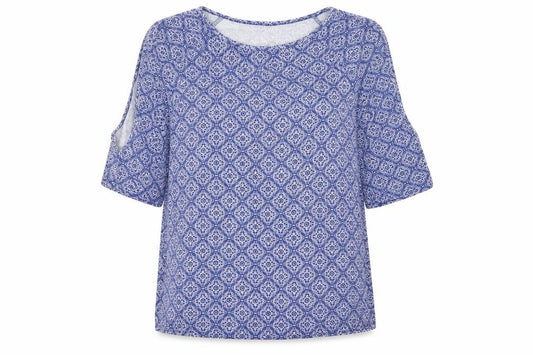 Front view of New Look women’s blue floral viscose basic blouse, size UK 8, round neck