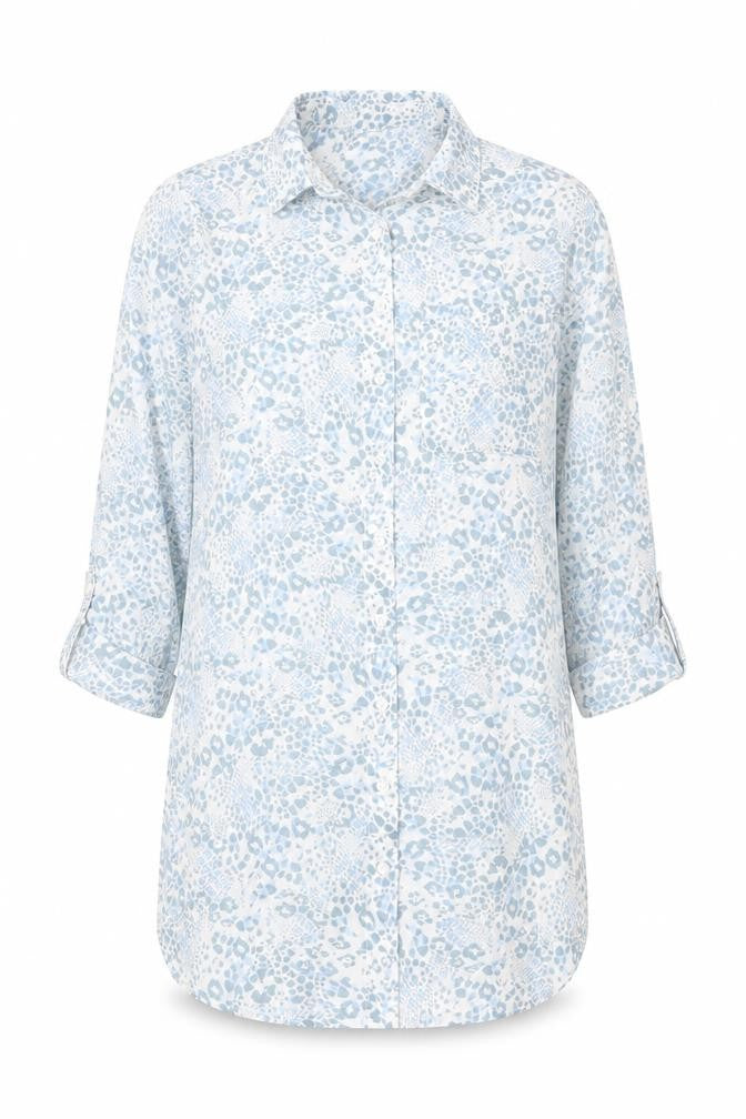 Front view of Peacocks women’s blue animal print polyester tunic blouse, size UK 8, collared - leopard print