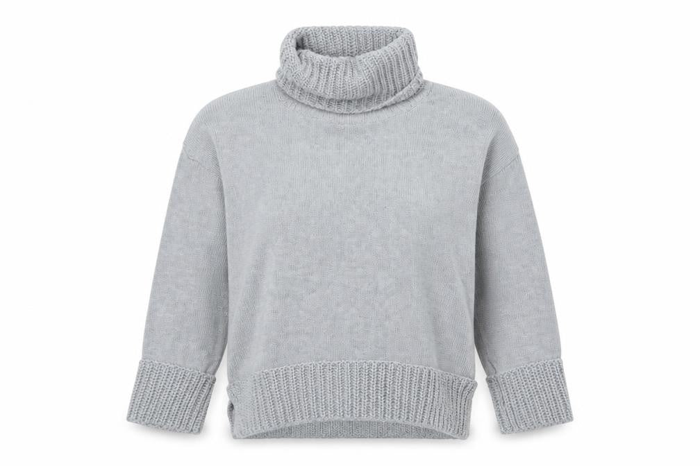 Front view of Marks & Spencer women’s grey roll neck cotton jumper, size UK 12