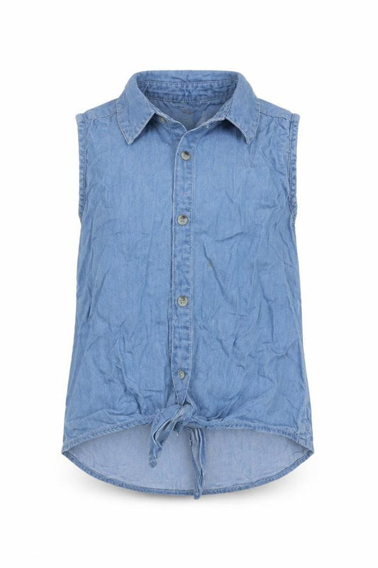 Front view of Evie Angel girls’ blue cotton basic blouse, size 4-5, years collared button - tie at front