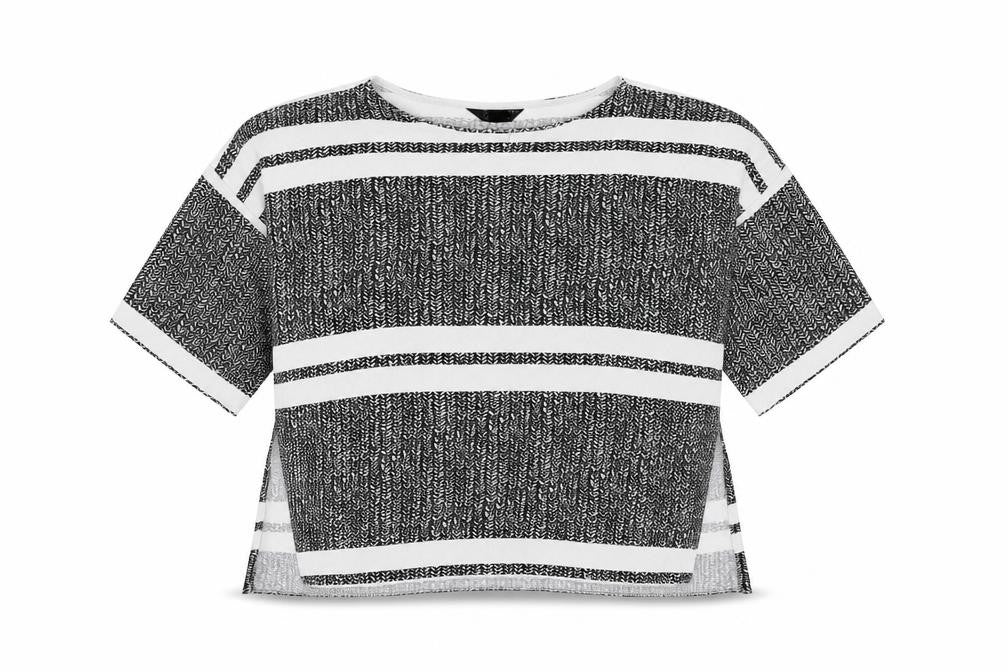Front view of Topshop women’s black geometric polyester basic t-shirt, size UK 6, round neck