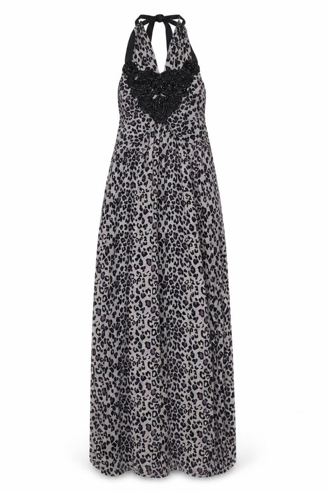 Oasis Womens Grey Animal Print Viscose Maxi  Size S  Round Neck  - beaded