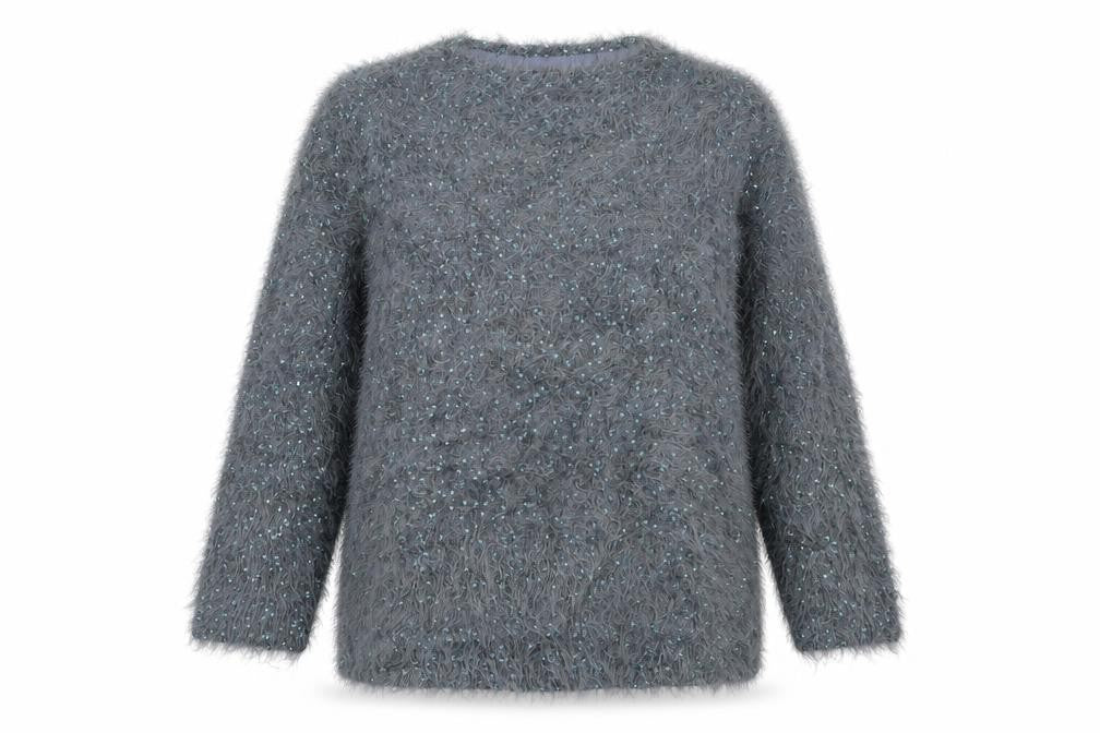 Front view of Marks & Spencer women’s blue round neck polyester jumper, size UK 8