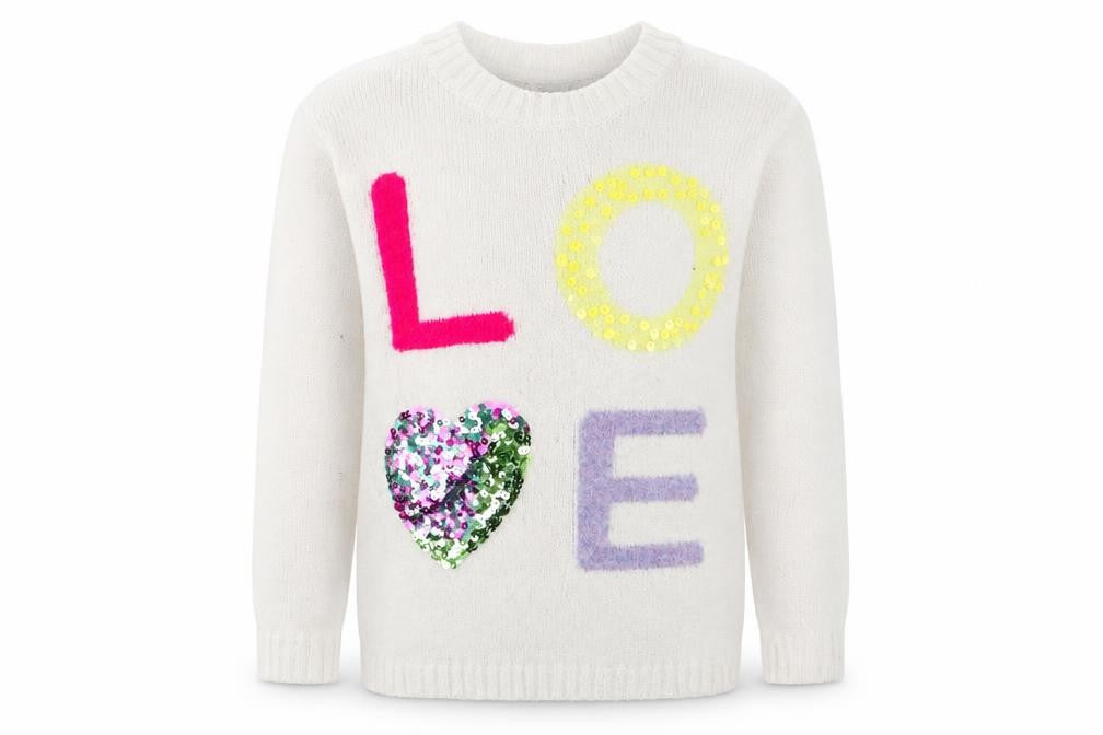 Front view of M&Co girls’ white round neck polyester jumper, size 7-8, years