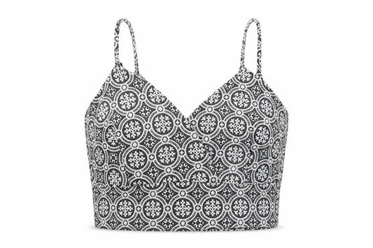 Front view of Select women’s multicoloured geometric polyester cropped tank, size UK 6, v-neck - bra top