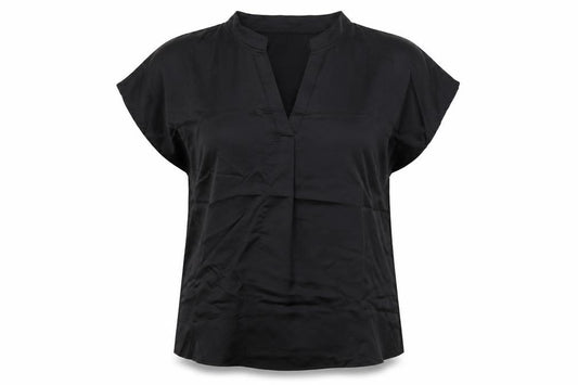 Front view of SHEIN women’s black polyester basic button-up, size L, v-neck