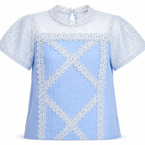 Preworn Womens Blue  Cotton Basic Blouse Size XL Round Neck - crochet detail