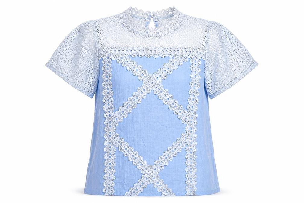 Preworn Womens Blue  Cotton Basic Blouse Size XL Round Neck - crochet detail