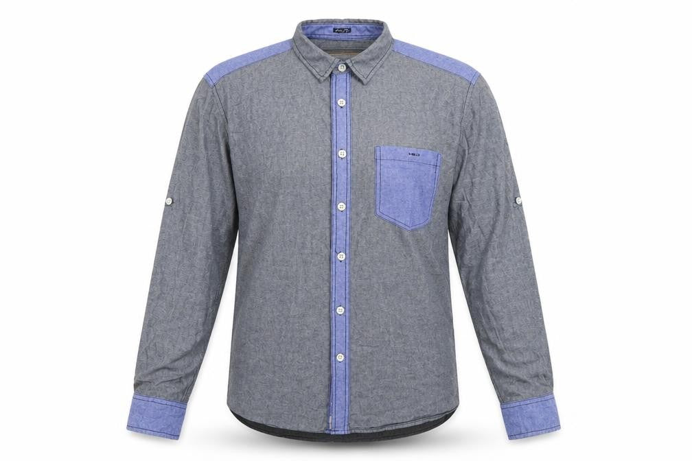 Front view of Soul Star men’s grey cotton button-up, size L, collared button