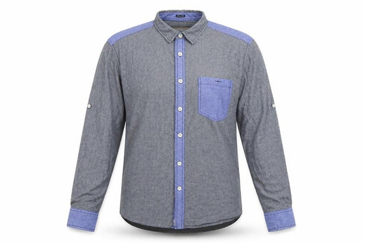 Front view of Soul Star men’s grey cotton button-up, size L, collared button