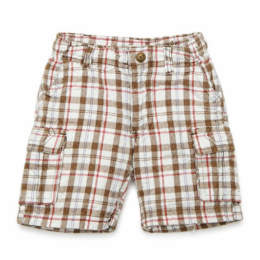 Front view of Timberland boys’ beige plaid cotton cropped trousers, size 18, months pullover