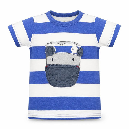 Front view of Next Baby Blue Striped Cotton Basic T-Shirt, size 9-12, Months Crew Neck
