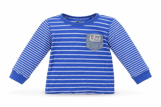 Front view of Next Baby Blue Striped Cotton Basic Blouse, size 9-12, Months Crew Neck