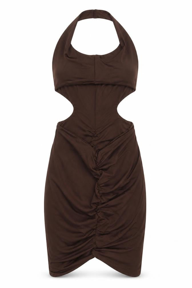 Front view of SgheIn women’s brown polyester bodycon, size L, halter